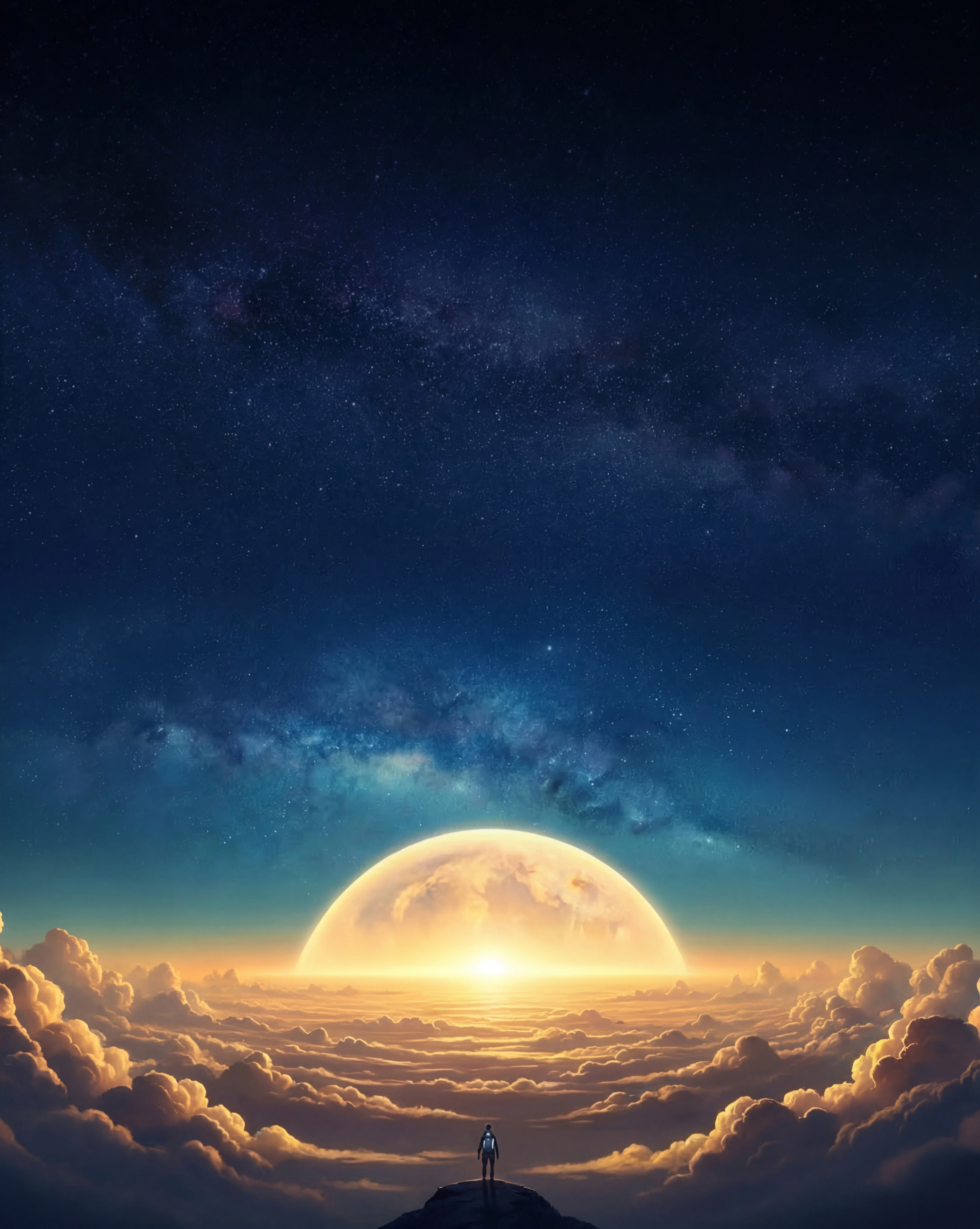 Starscape background with silhouetted figure overlooking a vast cosmic landscape