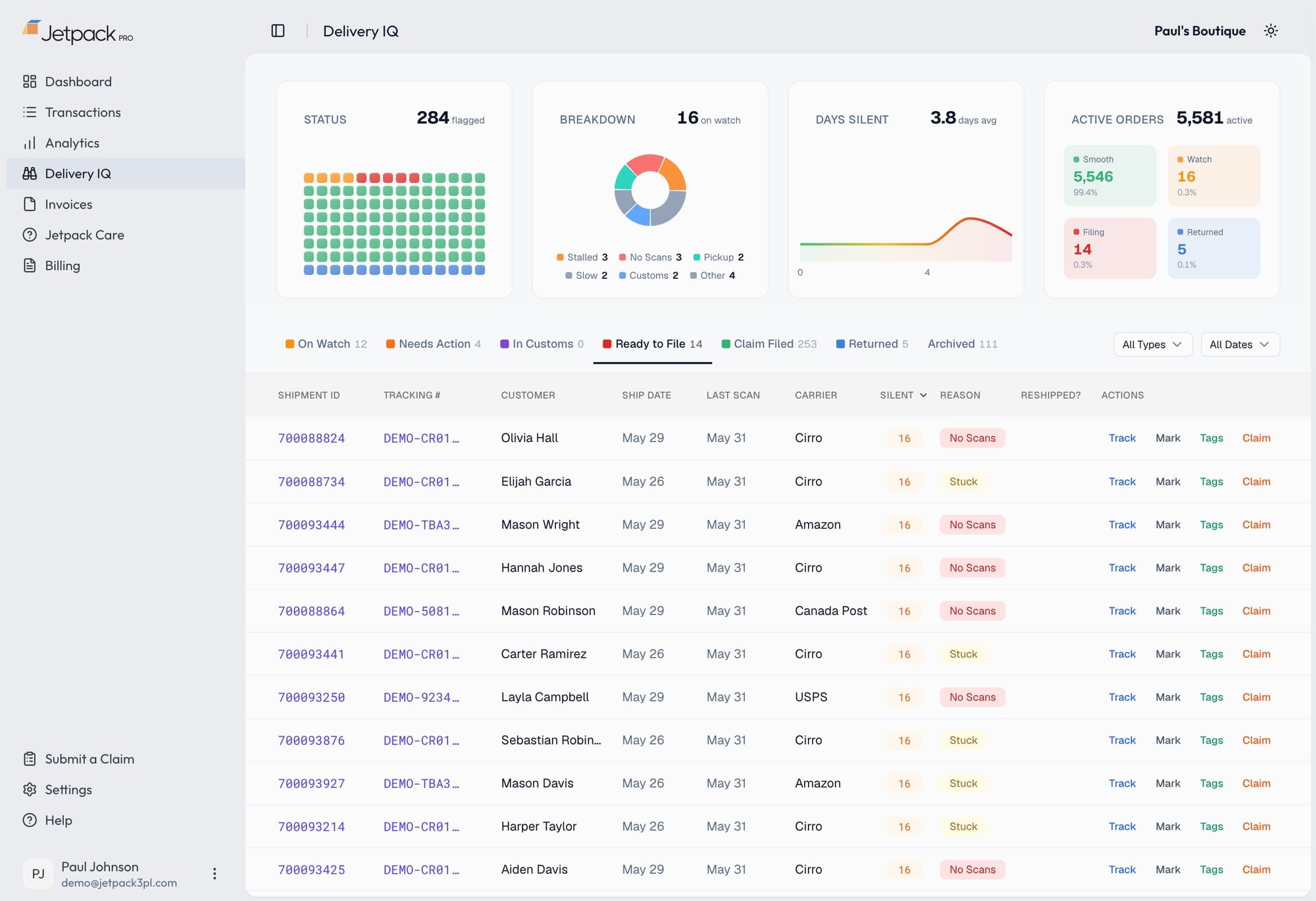 Delivery IQ in Jetpack Pro: in-flight shipments with last scan, days silent, and carrier