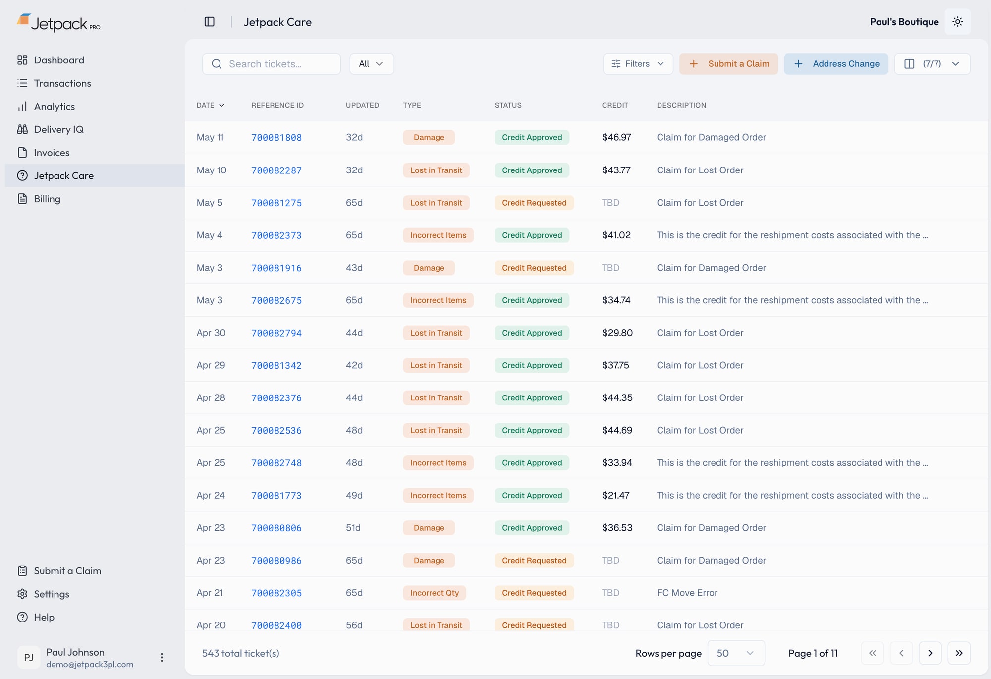 Jetpack Care claims view in Jetpack Pro: damage, lost-in-transit, and incorrect-item claims with approved credit amounts per order